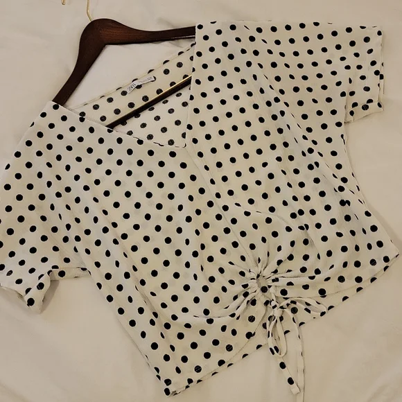 Zara Polka Dot Black & White Keyhole Crop Blouse Size L - Picture 10 of 10